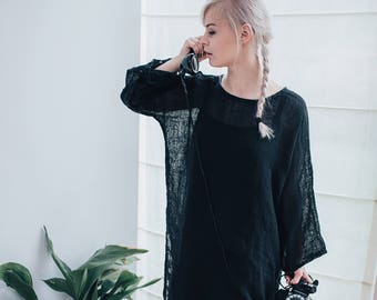 Black Gauze Linen Tunic, Loose Linen Tunic Top, Gauzy Lightweight Coverup, Gauze Top, Beach Cover Up Plus size cover up Plus Size Tunic Top