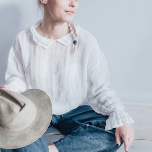White Gauze Top with Ruffled Cuffs, Linen Blouses For Women, Light Blouse Women, Black Blouse, White Blouse, Gauze Blouse, Gauzy Linen Top
