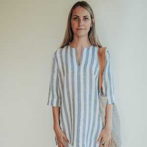 Linen V Neck Shirt for Women 'Lina', Striped Linen Shirt, Womens Shirt, Linen Shirt, plus size shirt, Tunic Shirt, Linen Top, Women Blouse