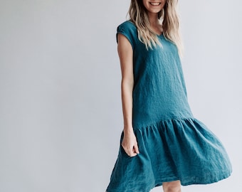 A line Drop Waist Dress 'Julia'  from Linen, Drop Waist Linen Dress, Dress Woman, Linen Dresses for Women, A line dress, Short Sleeve Dress