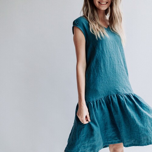 A line Drop Waist Dress 'Julia'  from Linen, Drop Waist Linen Dress, Dress Woman, Linen Dresses for Women, A line dress, Short Sleeve Dress