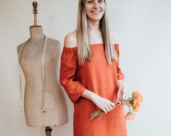 Off Shoulder Linen Dress 'Brigitte', Linen Off the shoulder dress, Cold Shoulder Dress, Bardot Dress with Straps