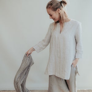 Linen V Neck Shirt for Women, Striped Linen Shirt, Womens Shirt, Linen Shirt, plus size shirt, Tunic Shirt, Linen Top, Women Blouse
