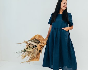 Losse linnen jurk, oversized linnen jurk, plus size jurk, linnen kleding vrouwen, linnen damesjurk, jurk met zakken
