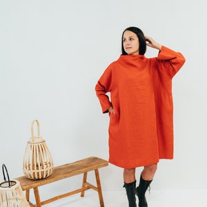 Linen Tunic Dress with Stand Collar, Loose Linen Dress women, Oversized dress, Long sleeves Plus size dress, Mock turtleneck, Plus size