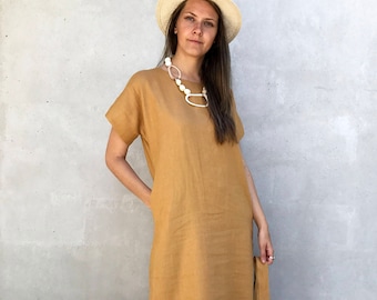 Long Linen Tunic Dress with Short Sleeves, Simple Linen Dress, Long Dress, Plus size Maxi Linen Dress, Long linen dress, Long Womens tunic