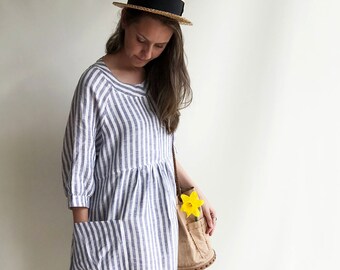 Striped Linen Dress, Summer Dress, Womens Dress, Plus Size Tunic Dress, Loose Dress, Linen Dress Plus size Linen Dress Woman with sleeves