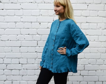 Linen Button up blouse with Ruffle, Loose Linen Jacket women, Linen Top with buttons, Linen Jacket Women, Plus Size Jacket Top Linen