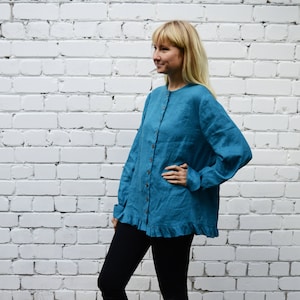 Linen Button up blouse with Ruffle, Loose Linen Jacket women, Linen Top with buttons, Linen Jacket Women, Plus Size Jacket Top Linen