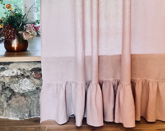 Linen Curtain Panel with Ruffle, Dusty Pink Window Curtains, Linen Drapes, Linen Curtains, Curtain Panels, Boho