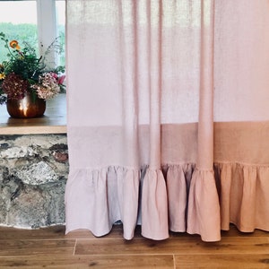 Linen Curtain Panel with Ruffle, Dusty Pink Window Curtains, Linen Drapes, Linen Curtains, Curtain Panels, Boho