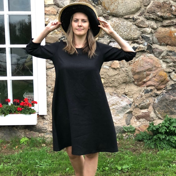 Petite robe noire « Eva » Robe en lin noir, robe en lin pour femmes, robe noire en lin, robe tunique en lin ample, robe taille Plus