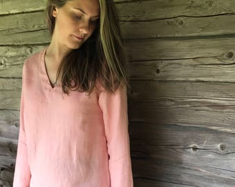 Linen Tunic Top with Long Sleeves, V Neck Top, Linen Top Long Sleeved, Pink Top, Plus size shirt, Plus size top, Linen Shirt with Sleeves