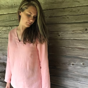 Linen Tunic Top with Long Sleeves, V Neck Top, Linen Top Long Sleeved, Pink Top, Plus size shirt, Plus size top, Linen Shirt with Sleeves