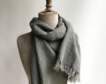 Khaki Green Linen Scarf, Linen Scarf, Scarf for Her, Pure Linen Scarf, Gift for Him, Scarf For Him, Gifts under 30, olive drab green scarf