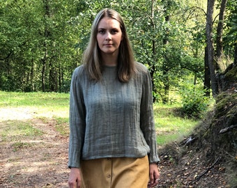 Linen Gauzy Shirt 'Sophia' with Long Sleeves, Linen Blouse, Linen Gauze Shirt Plus size shirt Gauzy top Rustic net top long sleeves Boho top
