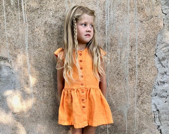 Girls Linen Dress, Girls Summer Dress, Girls Linen Summer Dress, Orange girls dress Custom Made Linen Dress, Dress with Buttons