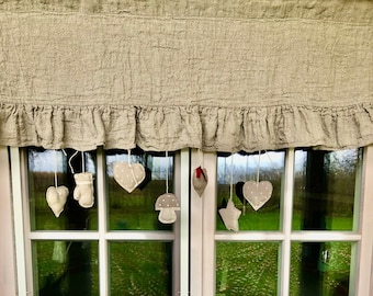 Christmas Natural Linen Curtain, Linen Valance, Linen Kitchen Curtain, Natural curtain with ruffle, linen curtains