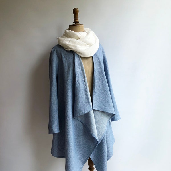 Linen Kimono Jacket, Loose Linen Drape Jacket, Blue Cardigan Linen Coverup, Linen Jacket Womens, Loose Jacket Plus size Plus size clothing