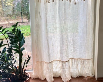 Off White Rustic Gauze Linen Curtain Panel with Ruffle, Boho Window Curtains, Sheer Curtains, Linen Drapes, Linen Curtains, Boho Curtains