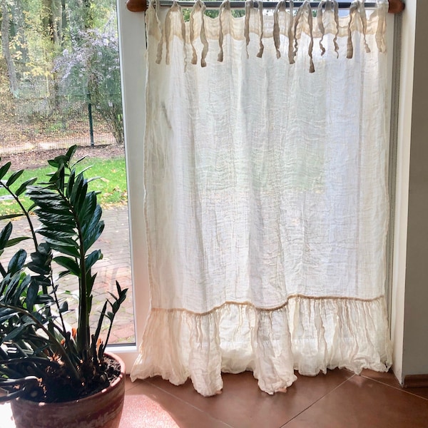Off White Rustic Gauze Linen Curtain Panel with Ruffle, Boho Window Curtains, Sheer Curtains, Linen Drapes, Linen Curtains, Boho Curtains