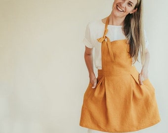 Vintage Inspired Cute Linen Apron 'Sunshine', Feminine apron, linen pinafore apron, natural linen apron pinafore, Smock Apron with pockets