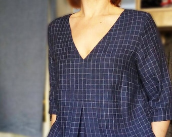 Túnica de lino a cuadros, túnica azul marino oscuro Túnica de talla plus, Vestido de lino para mujer, Vestido de túnica de lino, Túnica de mujer, Ropa de talla plus