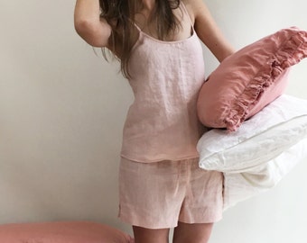 Linen pyjama, pink pajama, pajama shorts and top, pajama loungewear, gift for her, valentines gift, gift for daughter, short linen pyjama