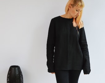 Linen Tunic Top with Long Sleeves, Linen Shirt with Sleeves, Plus size shirt, Black Blouse, Loose Linen Shirt, Plus size top, Black Tunic