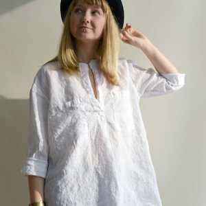 White Linen Shirt, Womens Shirt, Tunic Shirt, 3/4 sleeve shirt, boyfriend shirt, plus size shirt, summer shirt, light shirt, boho shirt image 1