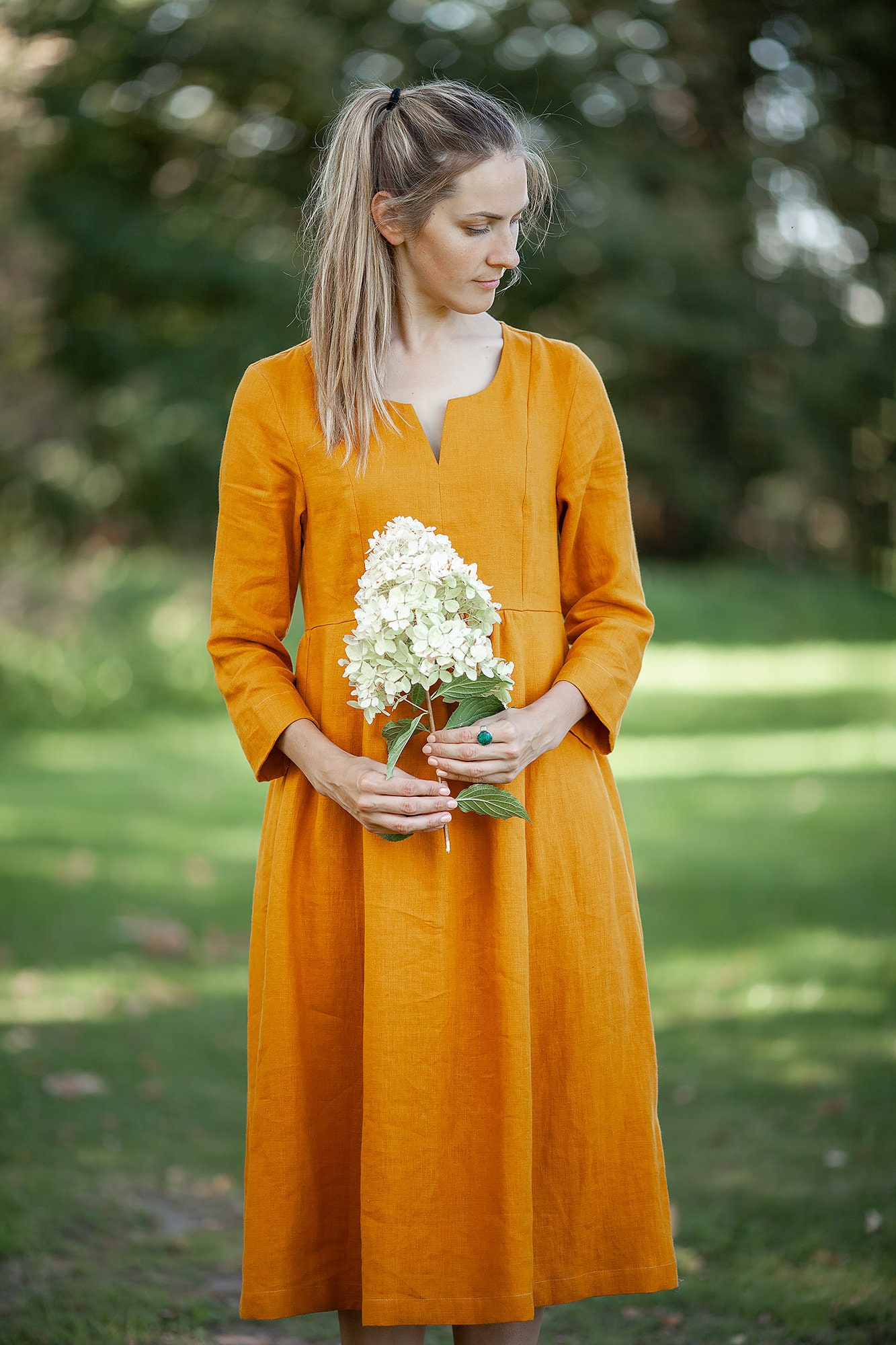Linen Dress with 3/4 Sleeves and Princess Seams 'Delilah' Midi Length Dress, Long Womens Dress, Maternity Dress, Maxi Dress