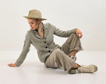 Natural Linen Jacket "Patricia" Linen Blazer Women, Womens Linen Jacket, Striped Jacket Women, Linenbee Blazer Notch Lapel with pockets