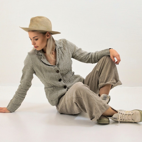 Natural Linen Jacket "Patricia" Linen Blazer Women, Womens Linen Jacket, Striped Jacket Women, Linenbee Blazer Notch Lapel with pockets