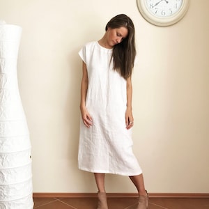 Abito lungo in lino con maniche corte, abito semplice in lino, abito lungo tunica, abito maxi in lino taglie forti, abito lungo in lino, tunica lunga da donna