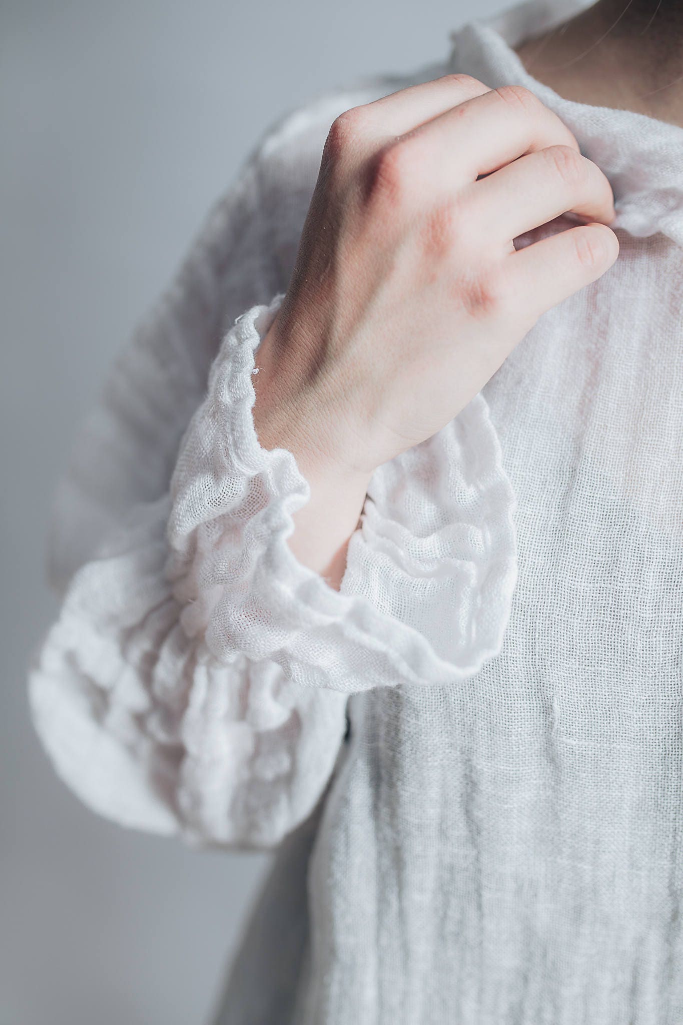 White Linen Gauze Top with Ruffled Cuffs