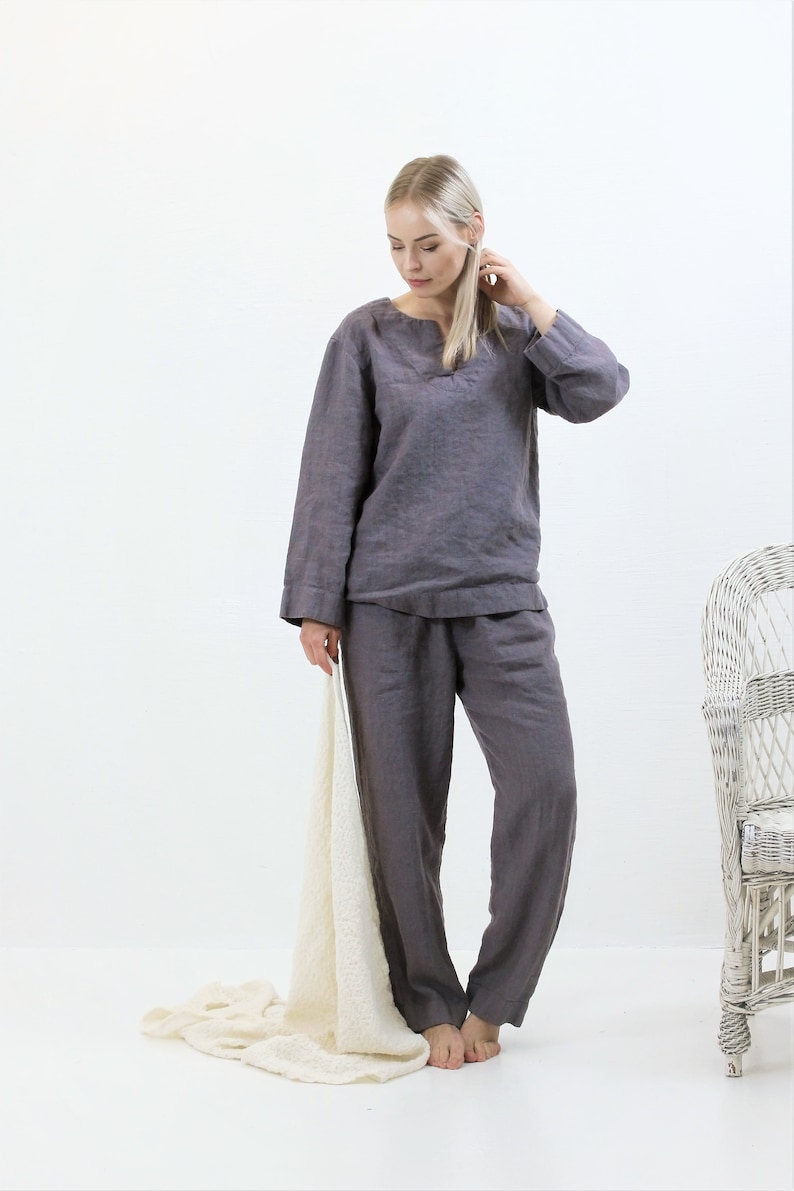 Womens pajamas, Unisex linen sleepwear, linen pajama set, pyjama linen, linen lounge wear, linen womens sleepwear, linen night image 2