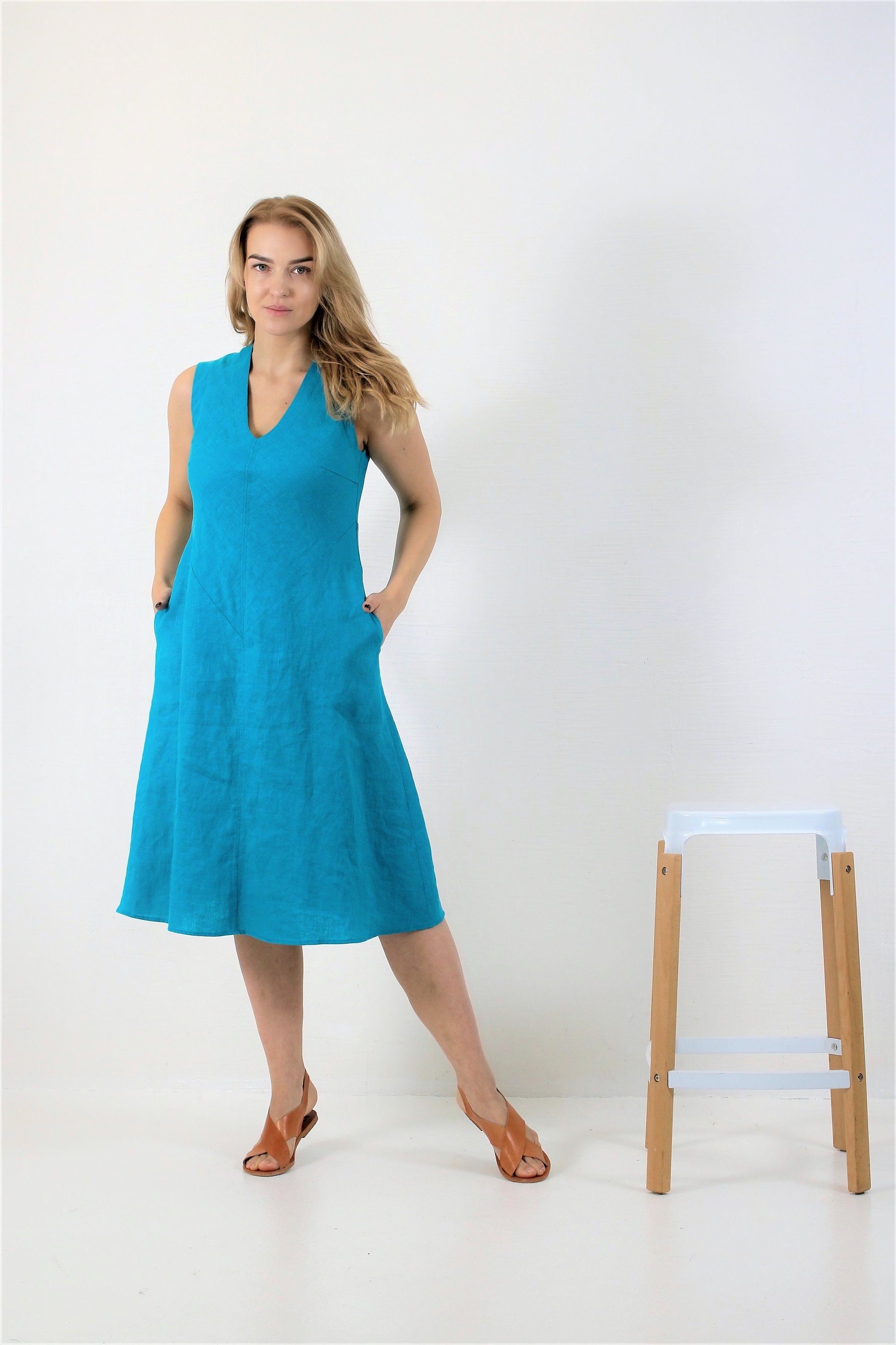 knee length dresses for ladies LINEN - Happy Flora Dress - 8119322