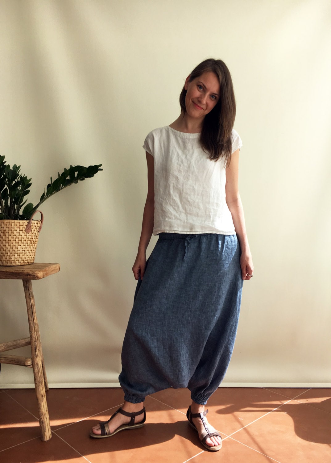 Ready to Ship Blue Linen Harem Pants Size XS, Linen Yoga pants, Linen