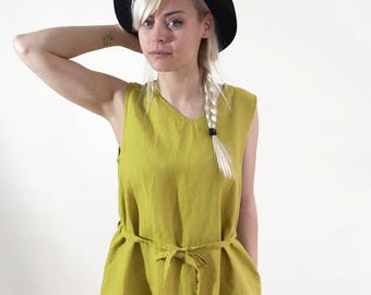 Sleeveless Linen Dress with V neckline, Pinafore Dress, Linen Midi Dress, Linen Dress Women, Light Summer Dress Plus, Chartreuse dress m