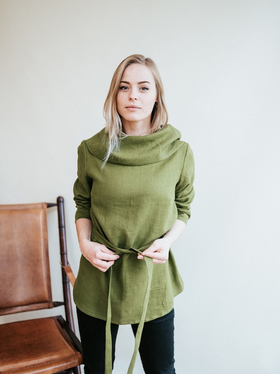 Elegant Linen Tunic Top With Raised Neck charlotte Green Womens Tunic Long Sleeve Tunic Plus Size Tunic for Women Raised Collar Tunic Etsy