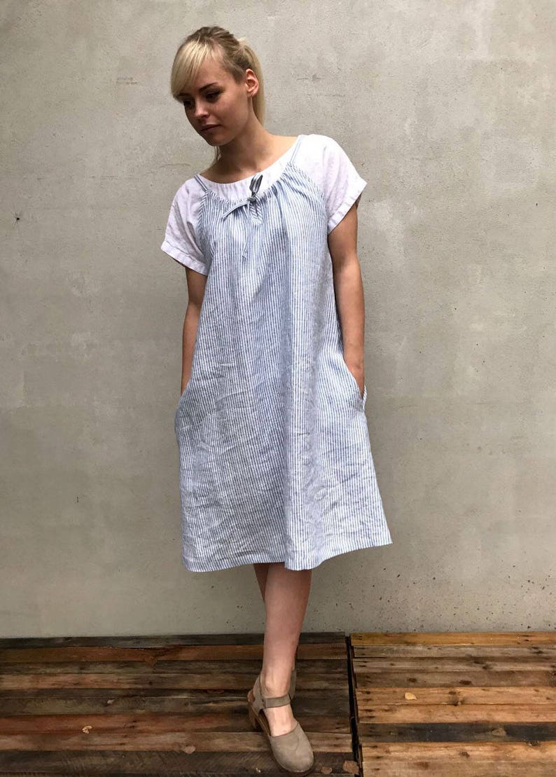Simple Linen Dress With Drawstring Neckline Sleeveless Midi - Etsy