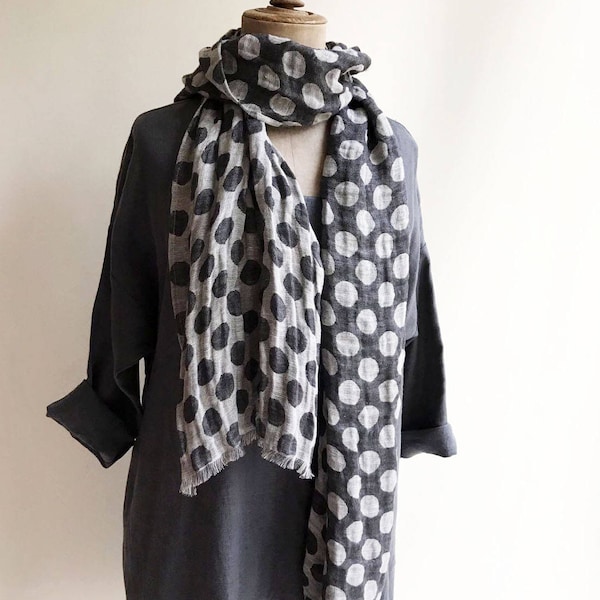 Polka Dot Scarf from Pure Linen, Grey Linen Scarf, Black Linen Scarf, Wraps Shawl, Womens Scarf, Gift for Her, scarf black, summer scarf dot