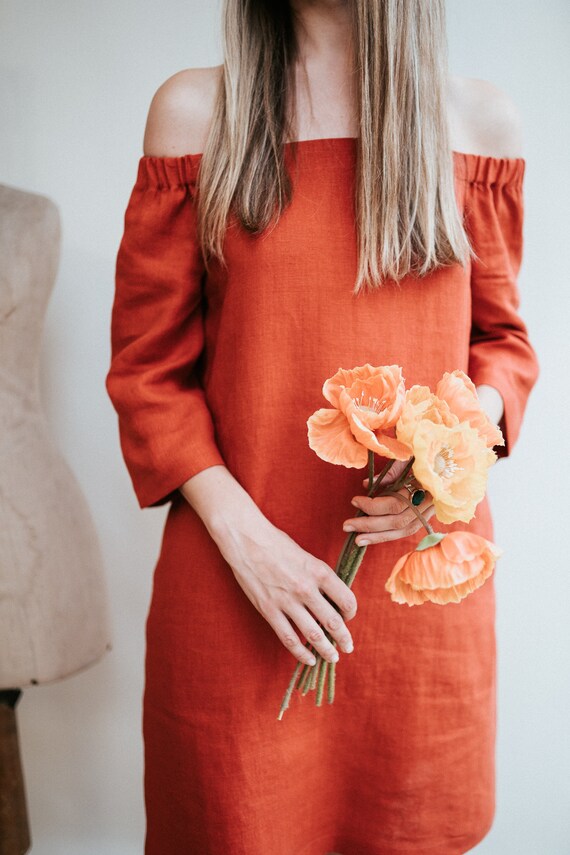 Uit schouder linnen jurk Brigitte linnen uit de schouder jurk koude schouder jurk Bardot jurk met bandjes Etsy Nederland