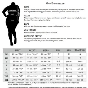 May include: Size chart for women's clothing with measurements in inches and centimeters. The chart includes bust, waist, hips, US size, EU size, and UK/AU/NZ size.