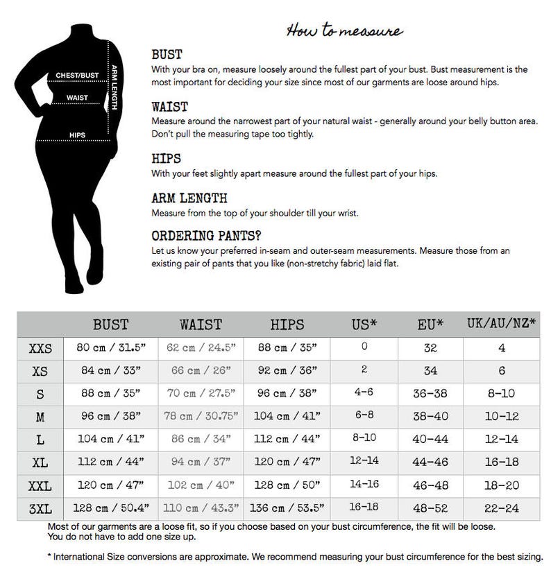May include: Size chart for women's clothing with measurements in inches and centimeters. The chart includes bust, waist, hips, US size, EU size, and UK/AU/NZ size.
