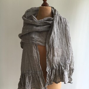 Linen Scarf With Ruffle, Wraps Shawl, Womens Shawl, Linen Shawl, Extra long scarf, Pure linen wraps shawl, Rustic scarf, shawl with ruffle image 4