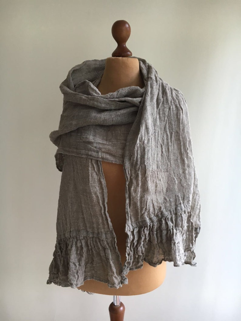 Linen Scarf With Ruffle, Wraps Shawl, Womens Shawl, Linen Shawl, Extra long scarf, Pure linen wraps shawl, Rustic scarf, shawl with ruffle image 4