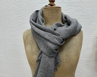 Checkered Linen Scarf, Gift for Him, Classic Pattern Scarf, Black and White Scarf, Gift for Men, Gift for Boyfriend, Gifts for dad Scarf