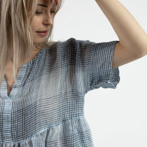 Oversized Crop Top, Gauze Oversized Shirt,  Linen Shirt, Loose Plus Size Top, Womens Shirt,Cropped  blue/white checkered Shirt, Boho