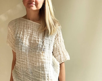 Gauze Linen Top in Creamy Off White , Boho Womens Top, Vacation Top Coverup, Tunic top, Linen Shirt Women, Plus size top Shirt Natural Eco